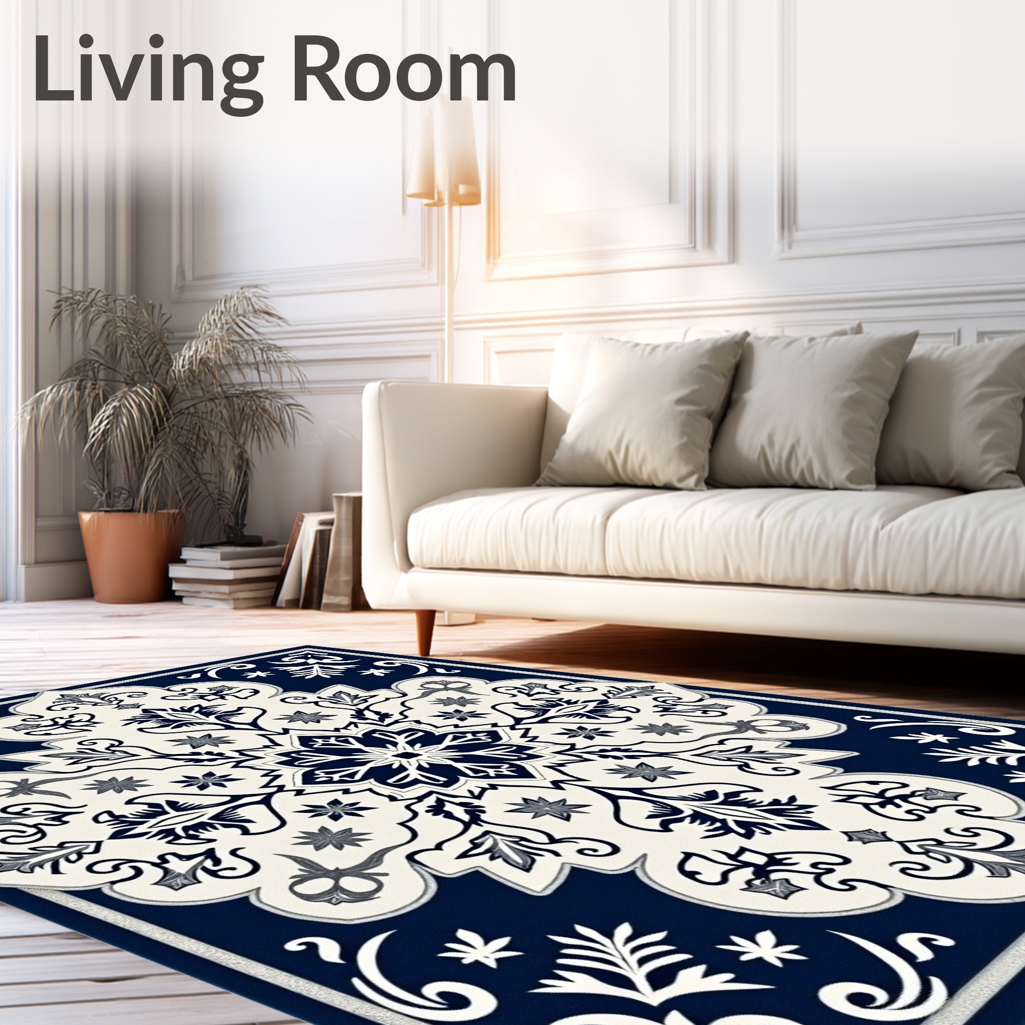 Elegant Navy Cream Floral Medallion Rug