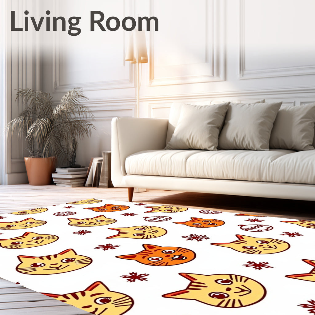 Whimsical Orange Cat Faces Snowflakes Rug