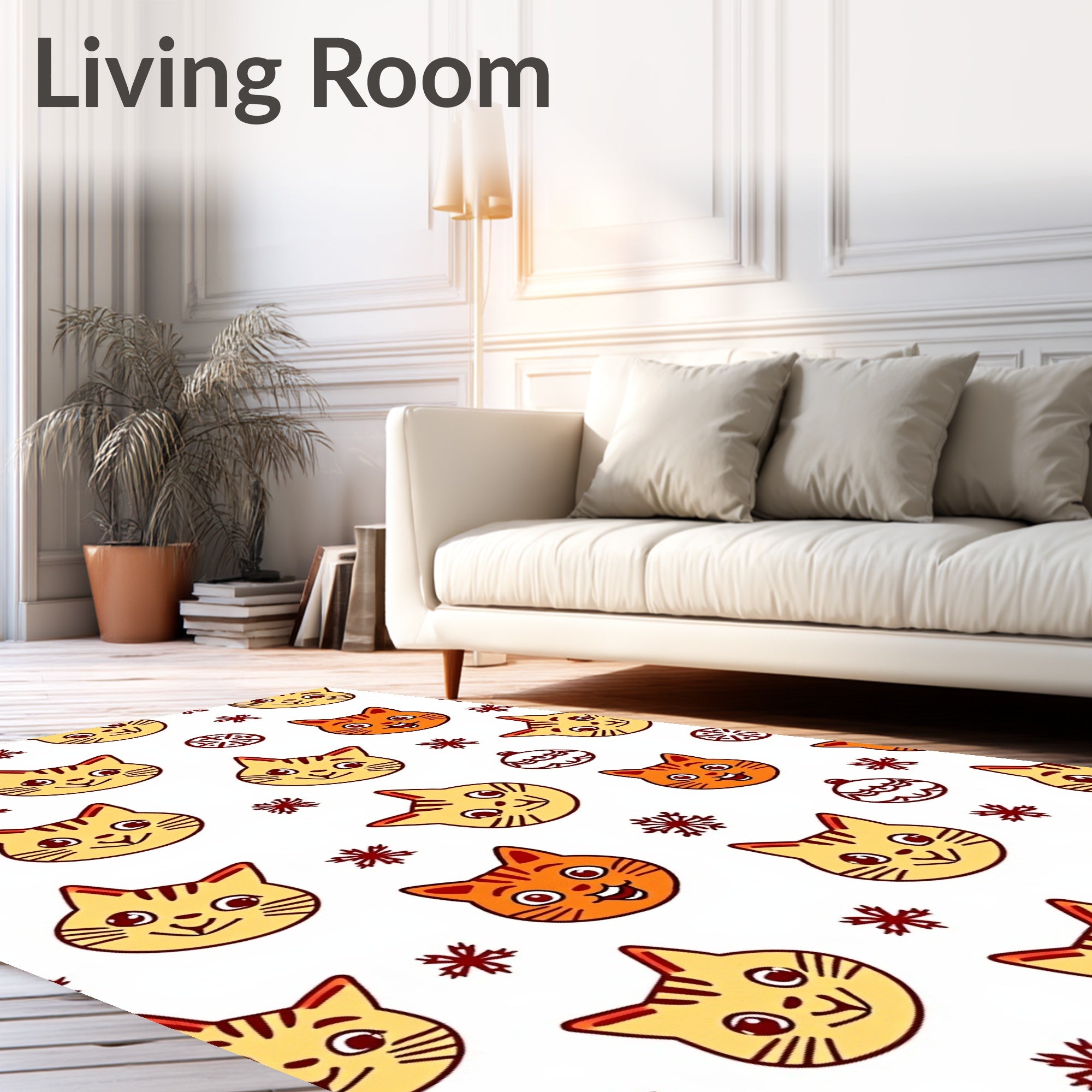 Whimsical Orange Cat Faces Snowflakes Rug