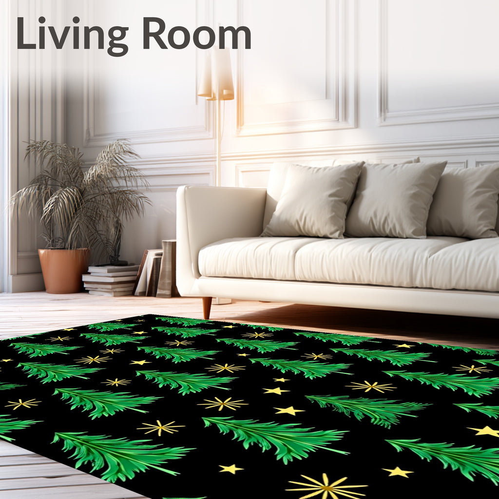 Green Christmas Trees with Gold Stars Rug