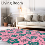 Teal Wildflower Meadow Pink Background Rug