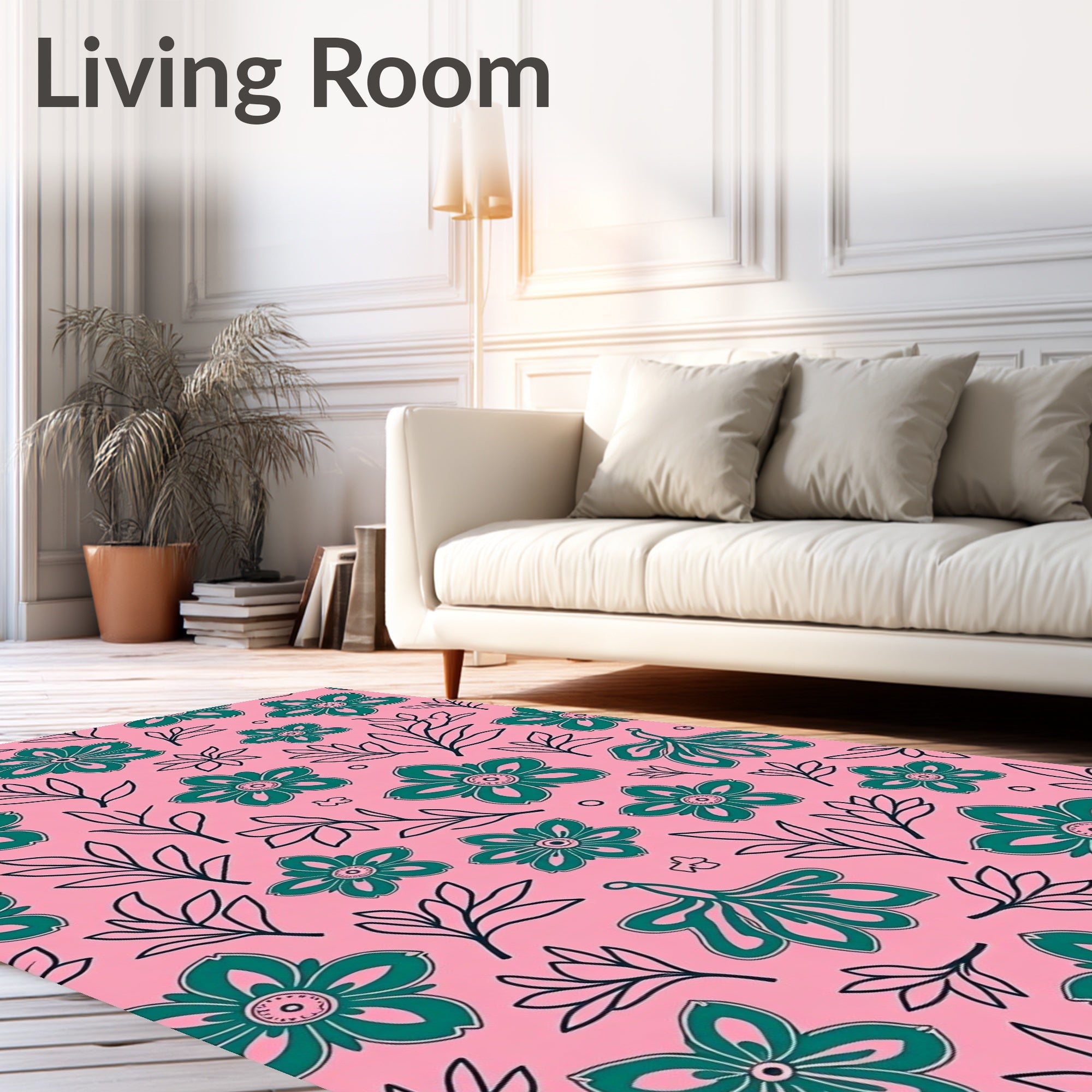 Teal Wildflower Meadow Pink Background Rug