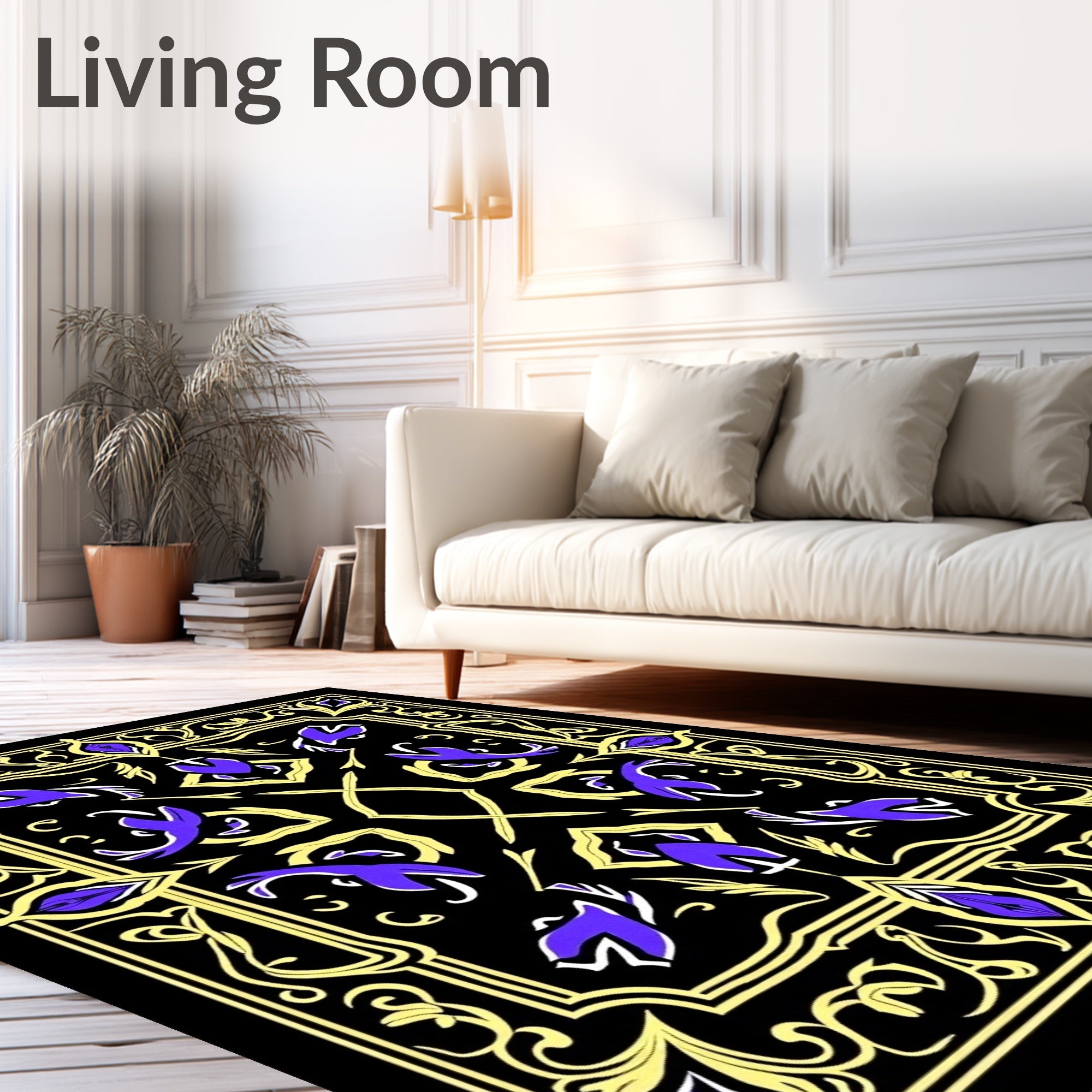 Black Violet Gold Floral Scroll Rug
