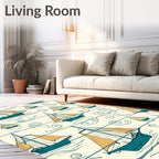 Teal Sailboat Nautical Swirl Cream Rug