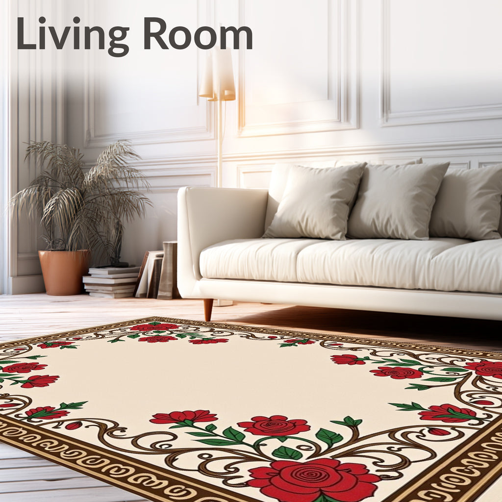 Red Rose Vine Border Cream Rug