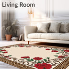Red Rose Vine Border Cream Rug