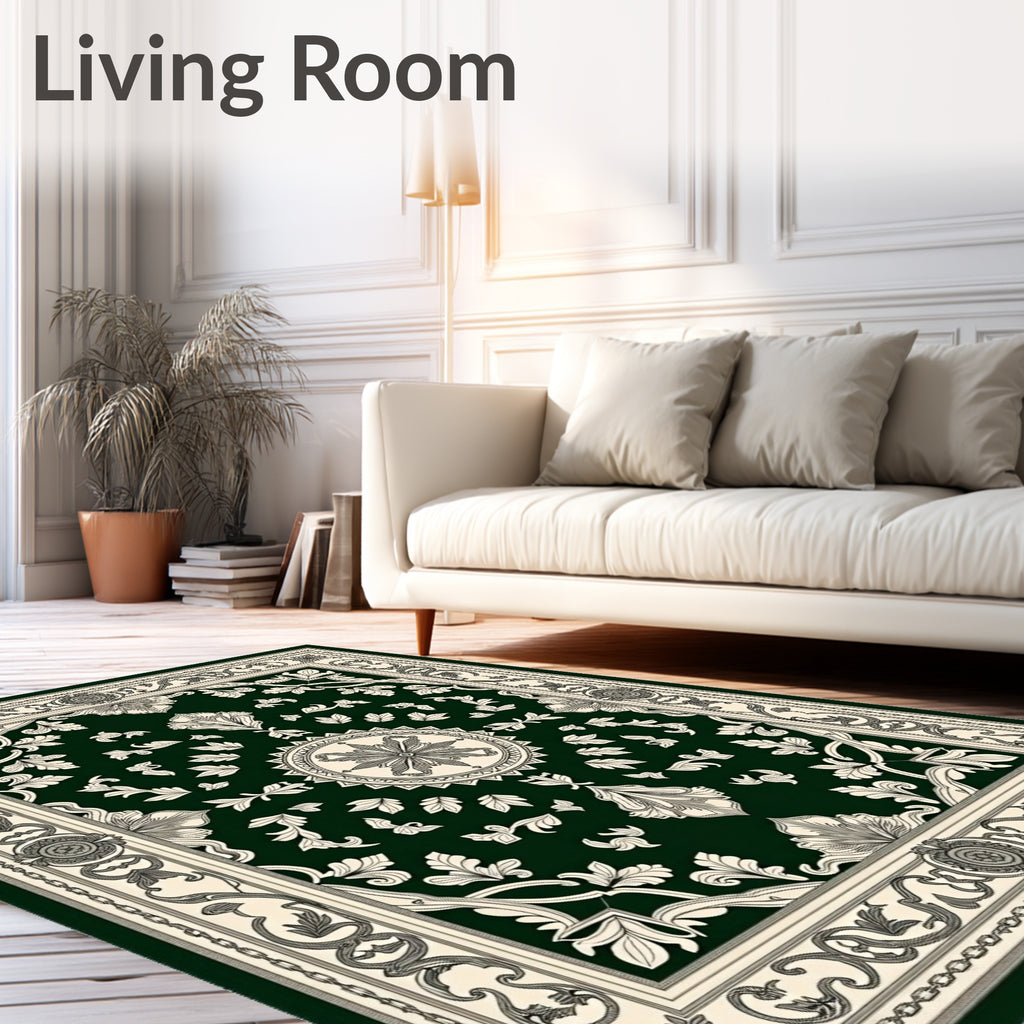 Ornate Cream and Green Floral Medallion Rug