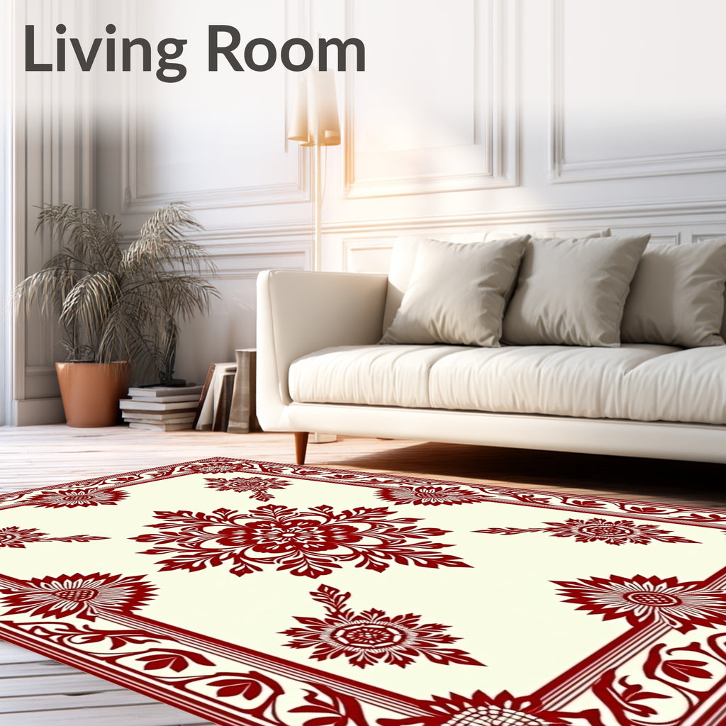 Crimson Floral Garden Medallion Border Rug