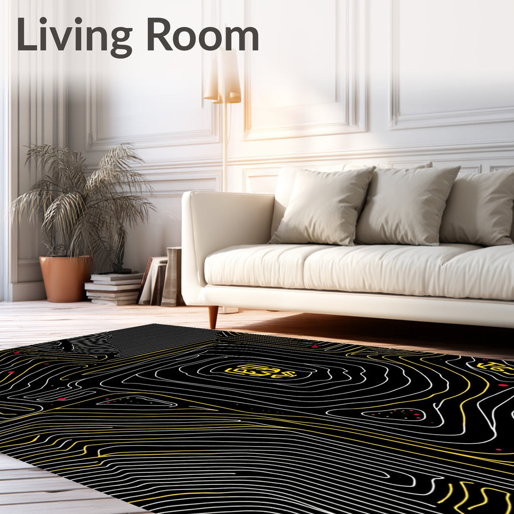 Black White Yellow Topographic Lines Rug