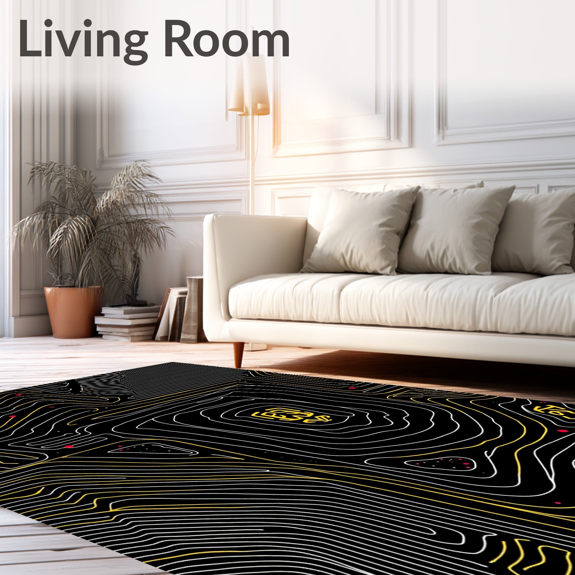Black White Yellow Topographic Lines Rug