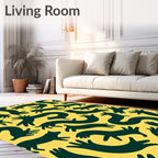 Dark Green Whimsical Animals Yellow Background Rug