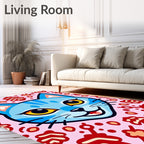 Whimsical Blue Cat Pink Floral Rug