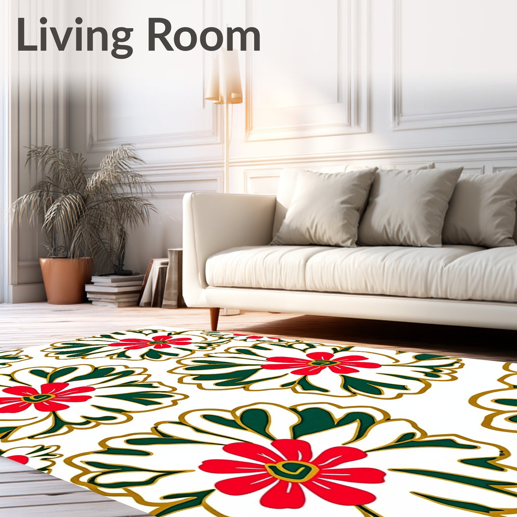 Red White Green Floral Outline Rug