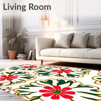 Red White Green Floral Outline Rug