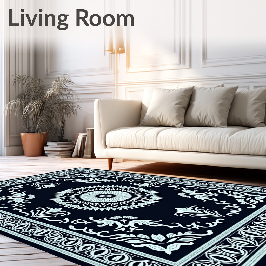 Dark Blue White Mandala Floral Border Rug