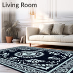 Dark Blue White Mandala Floral Border Rug