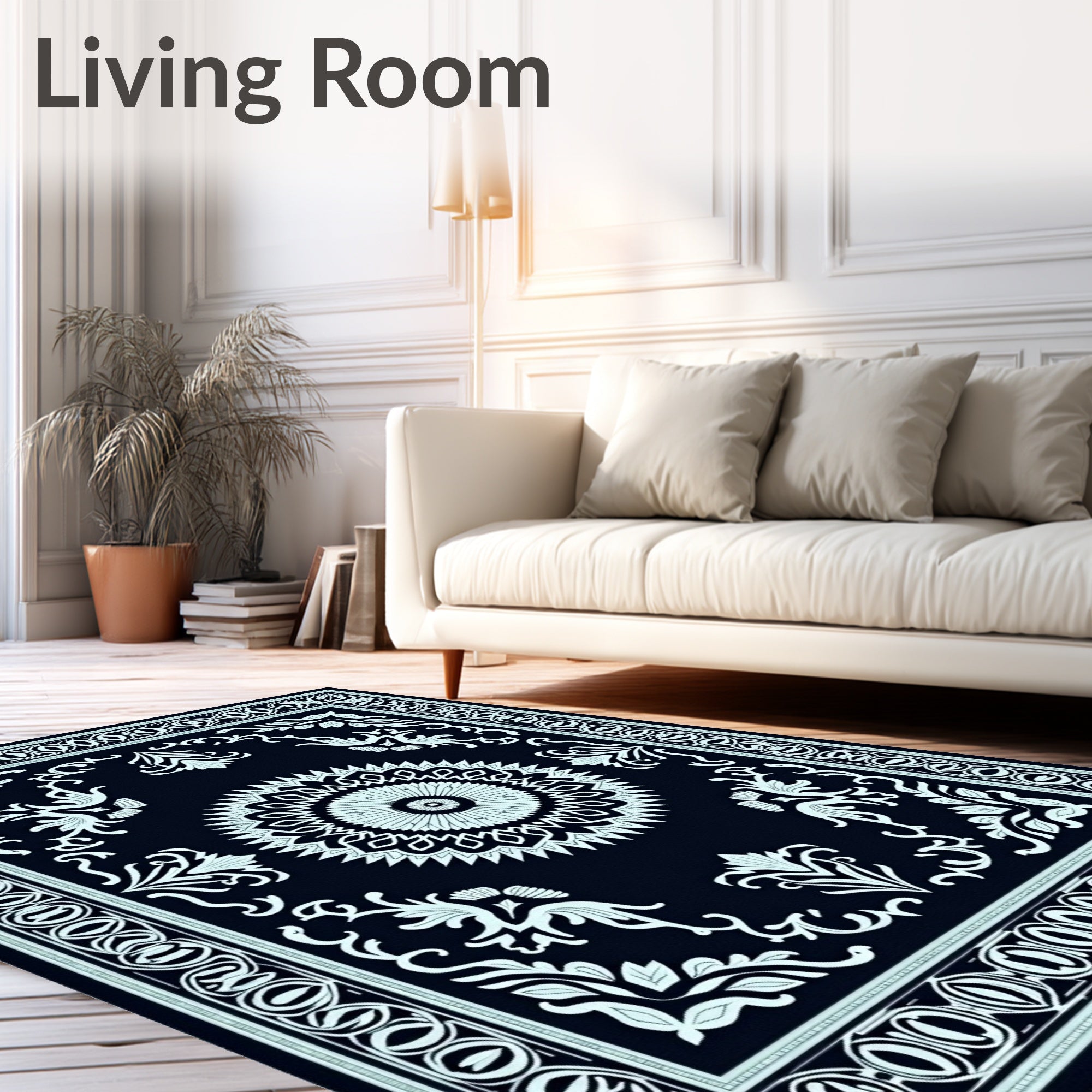 Dark Blue White Mandala Floral Border Rug