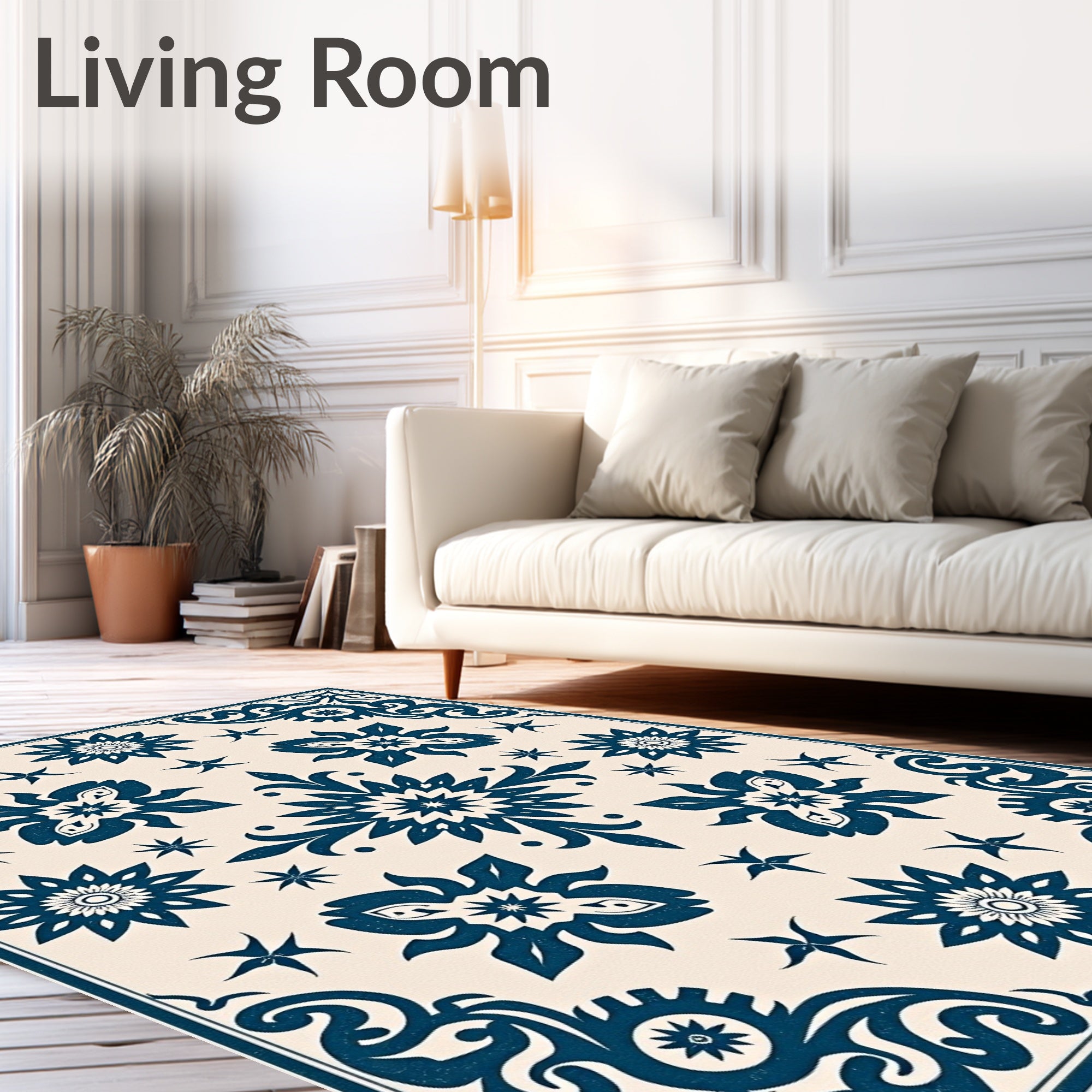 Navy Blue Floral Medallion Square Rug