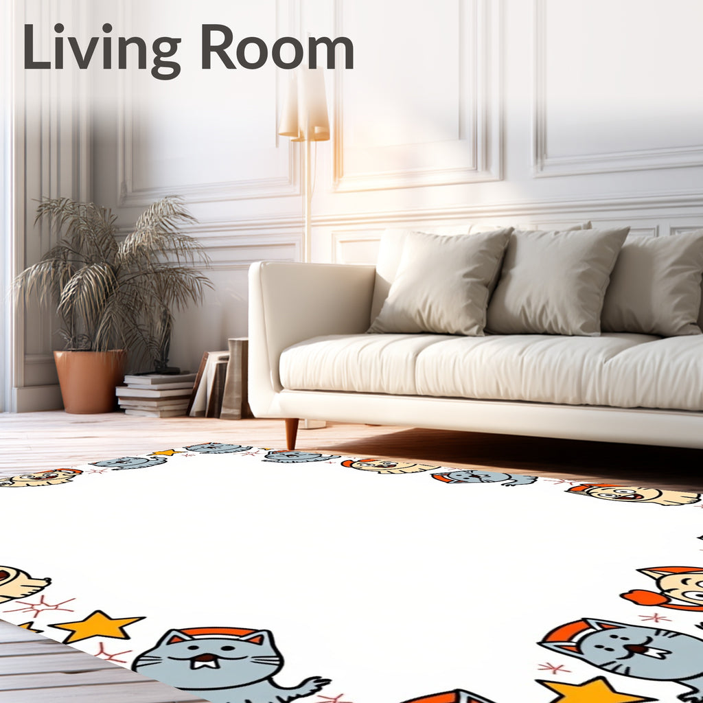 Whimsical Cat Yellow Blue Stars Border Rug