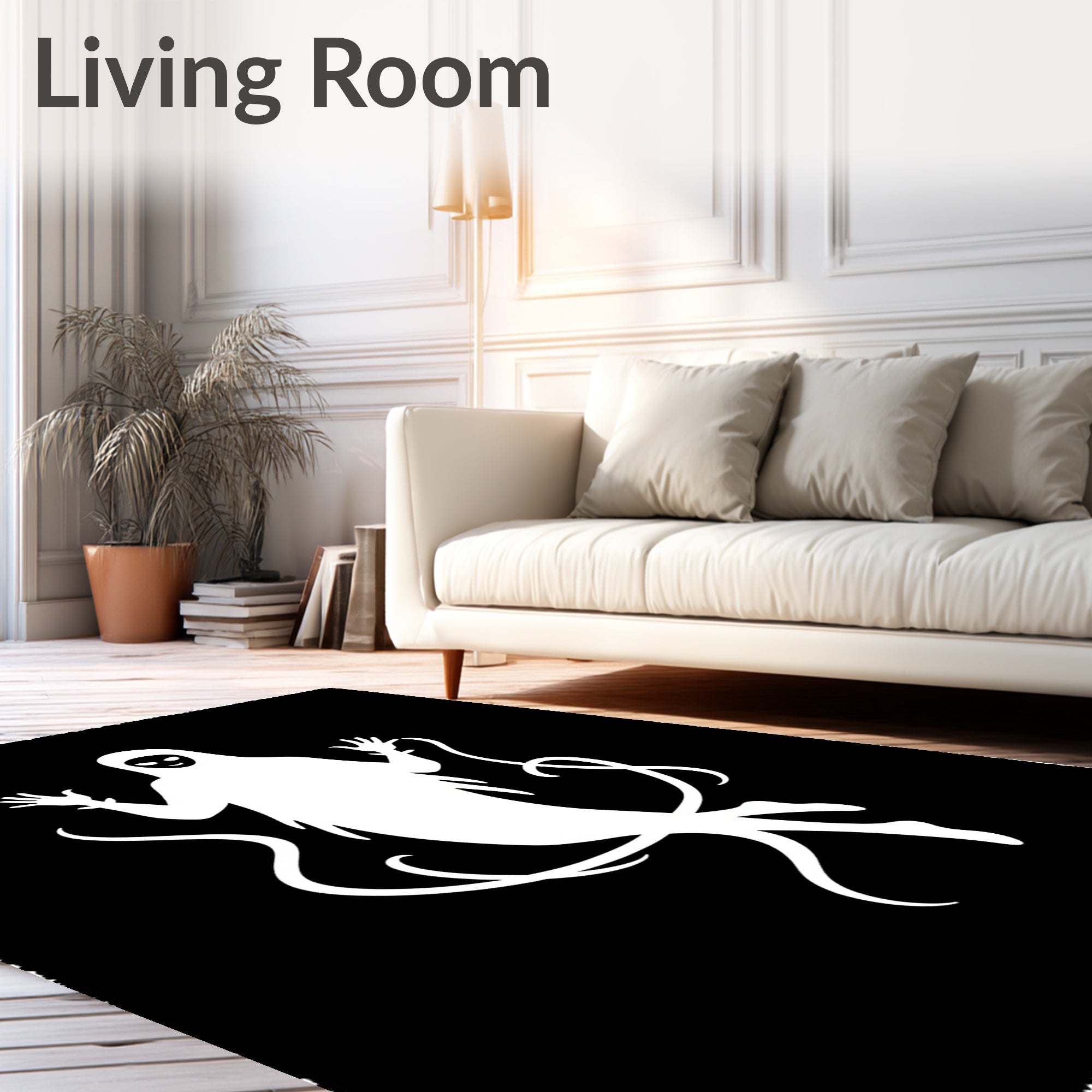 White Ghost Swirling Black Background Rug