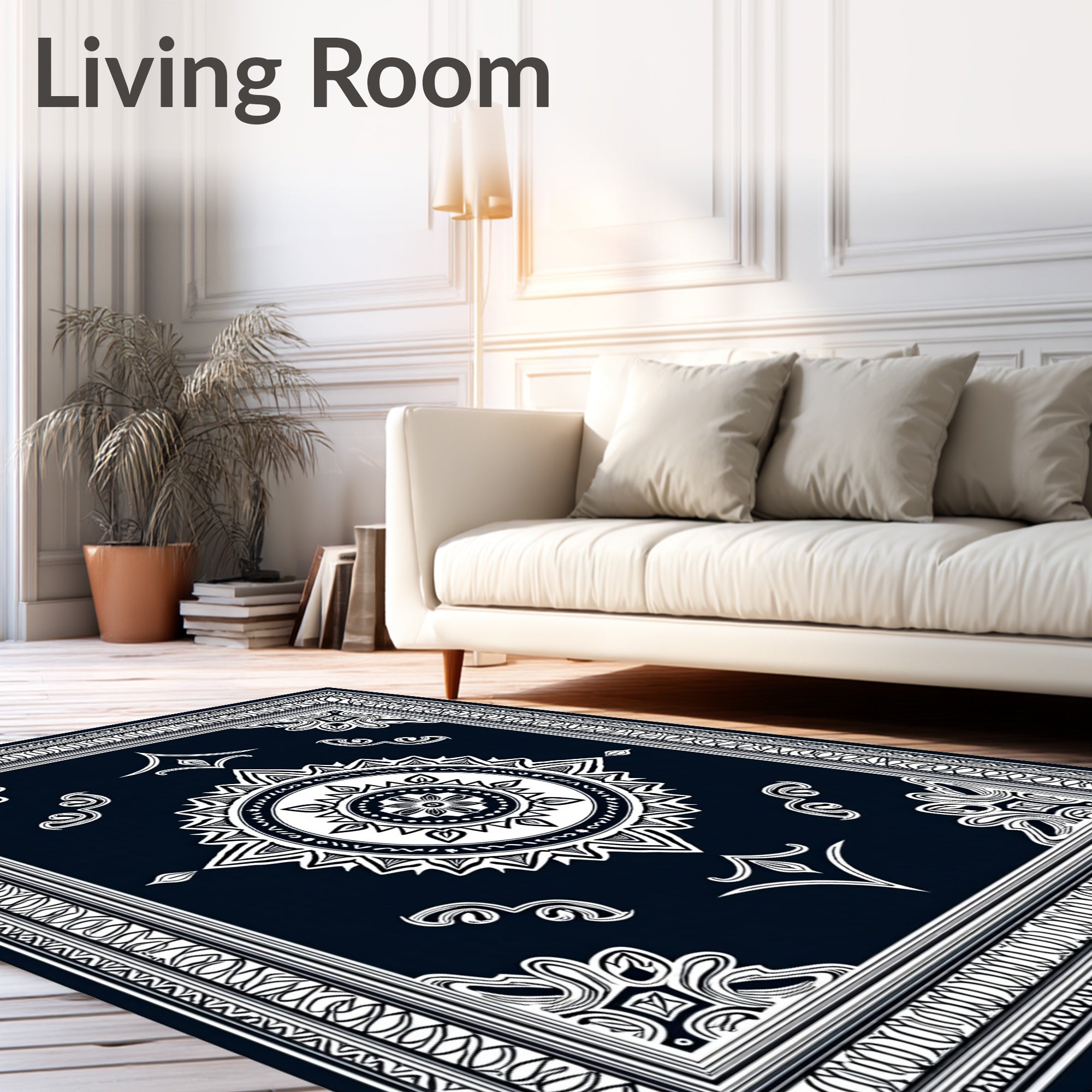 Navy White Mandala Geometric Border Rug