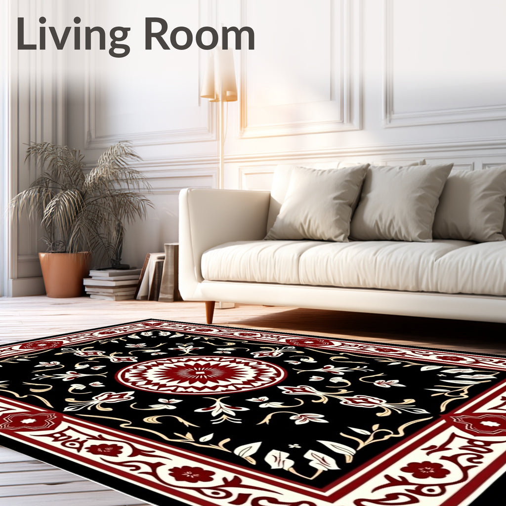 Crimson Floral Medallion Black Rug