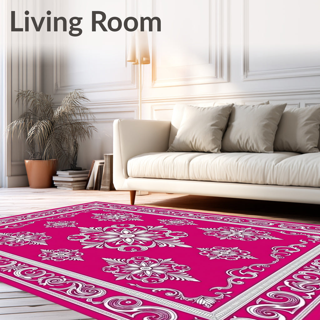 Fuchsia White Floral Filigree Border Rug