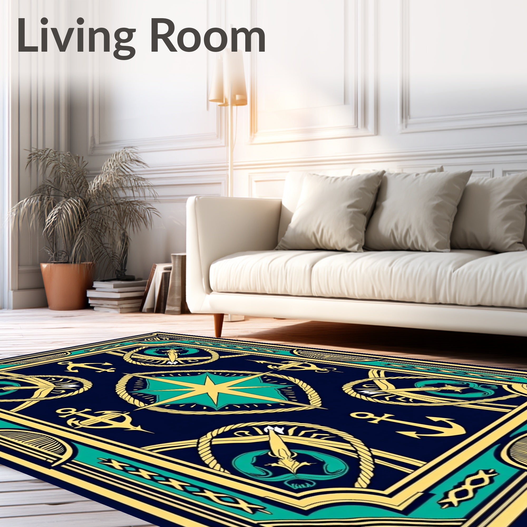 Nautical Navy Gold Teal Compass Rose Rug