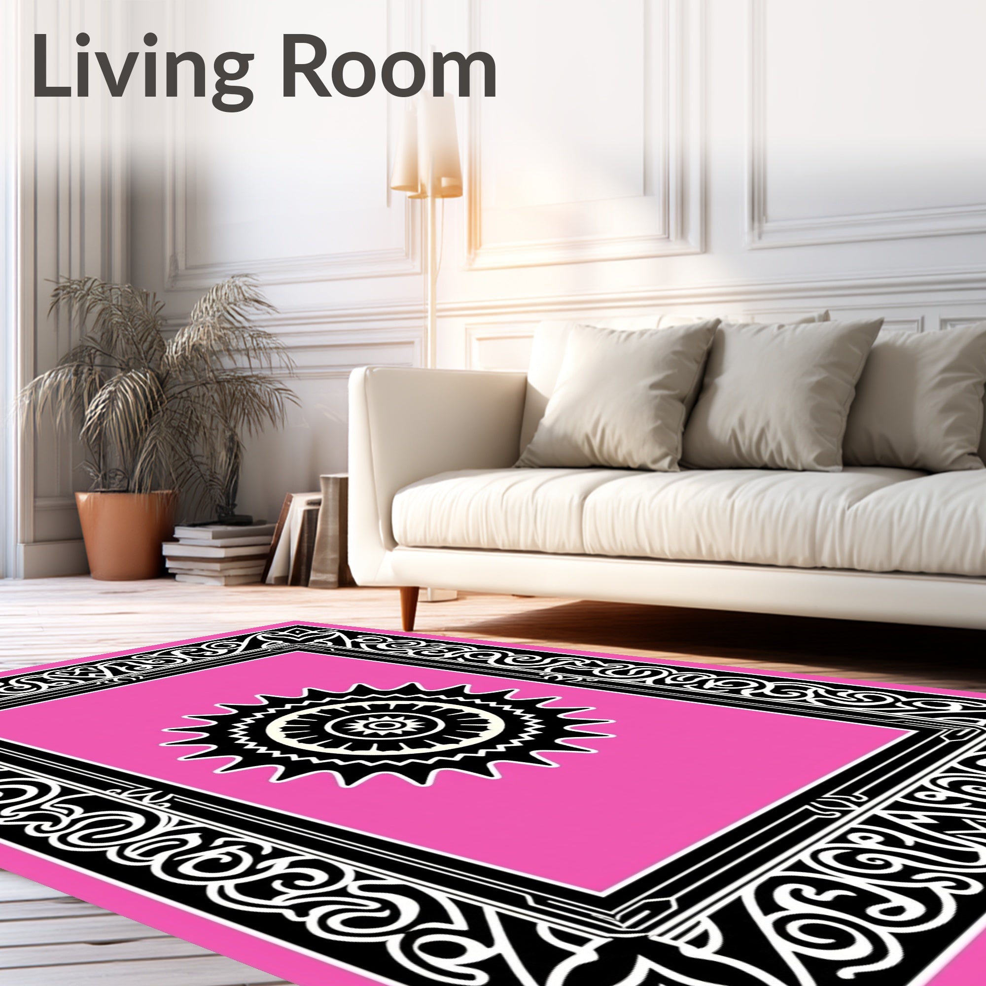 Pink Sunburst Medallion Ornate Frame Rug