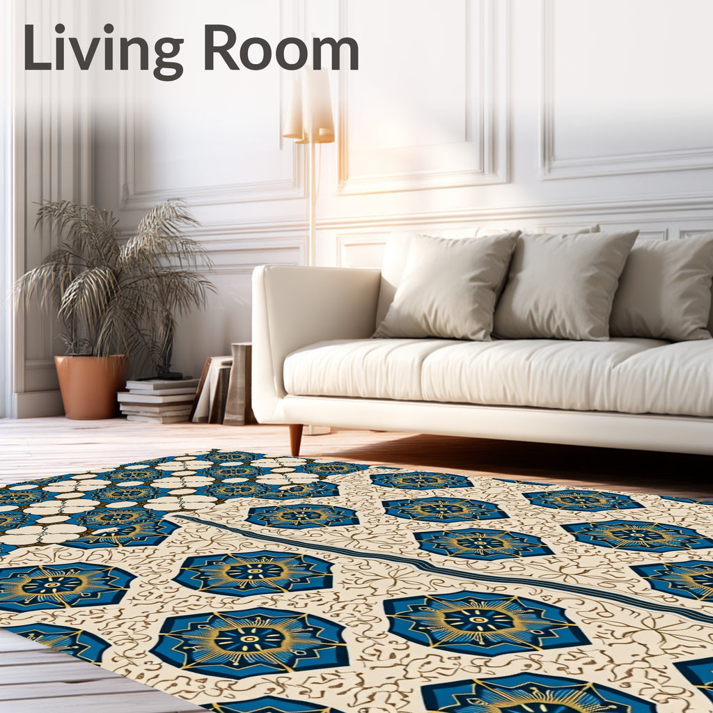 Blue Gold Starburst Medallion Art Deco Rug