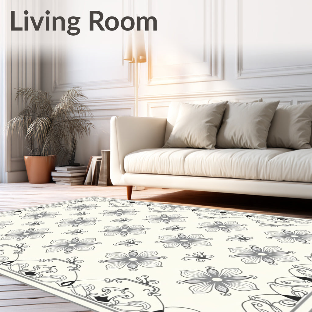 Elegant Grey Floral Bordered Cream Rug