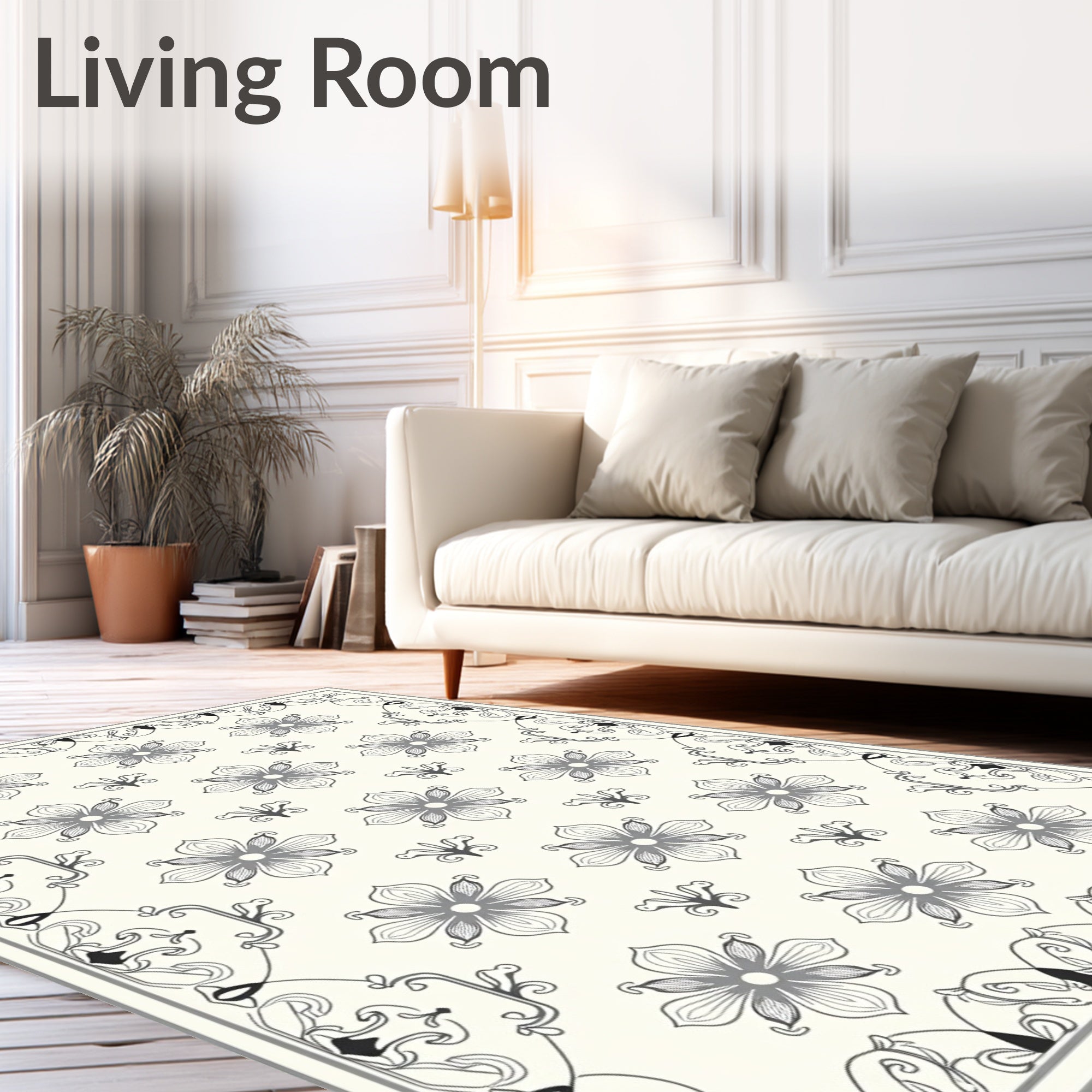 Elegant Grey Floral Bordered Cream Rug
