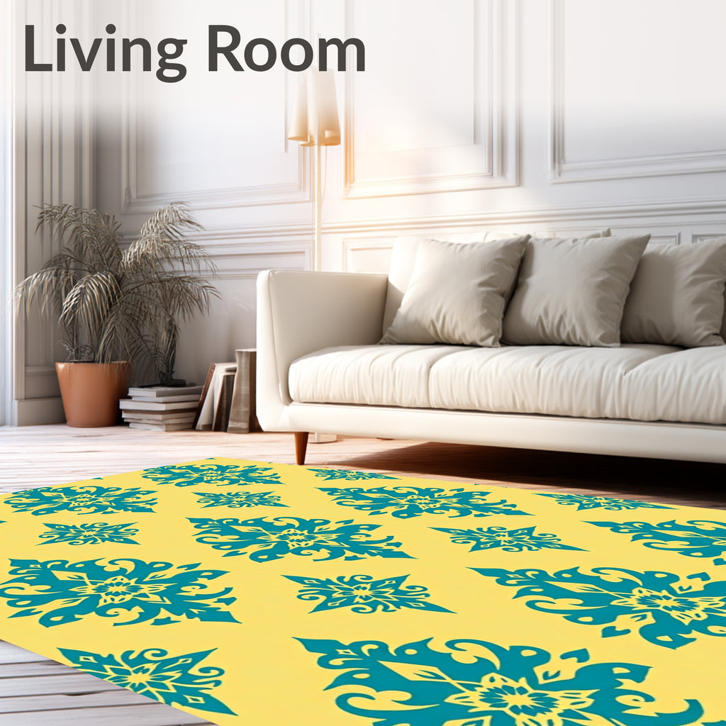 Turquoise Teal Yellow Damask Medallion Rug