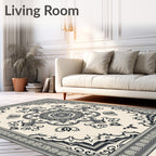 Ornate Black Ivory Medallion Frame Rug