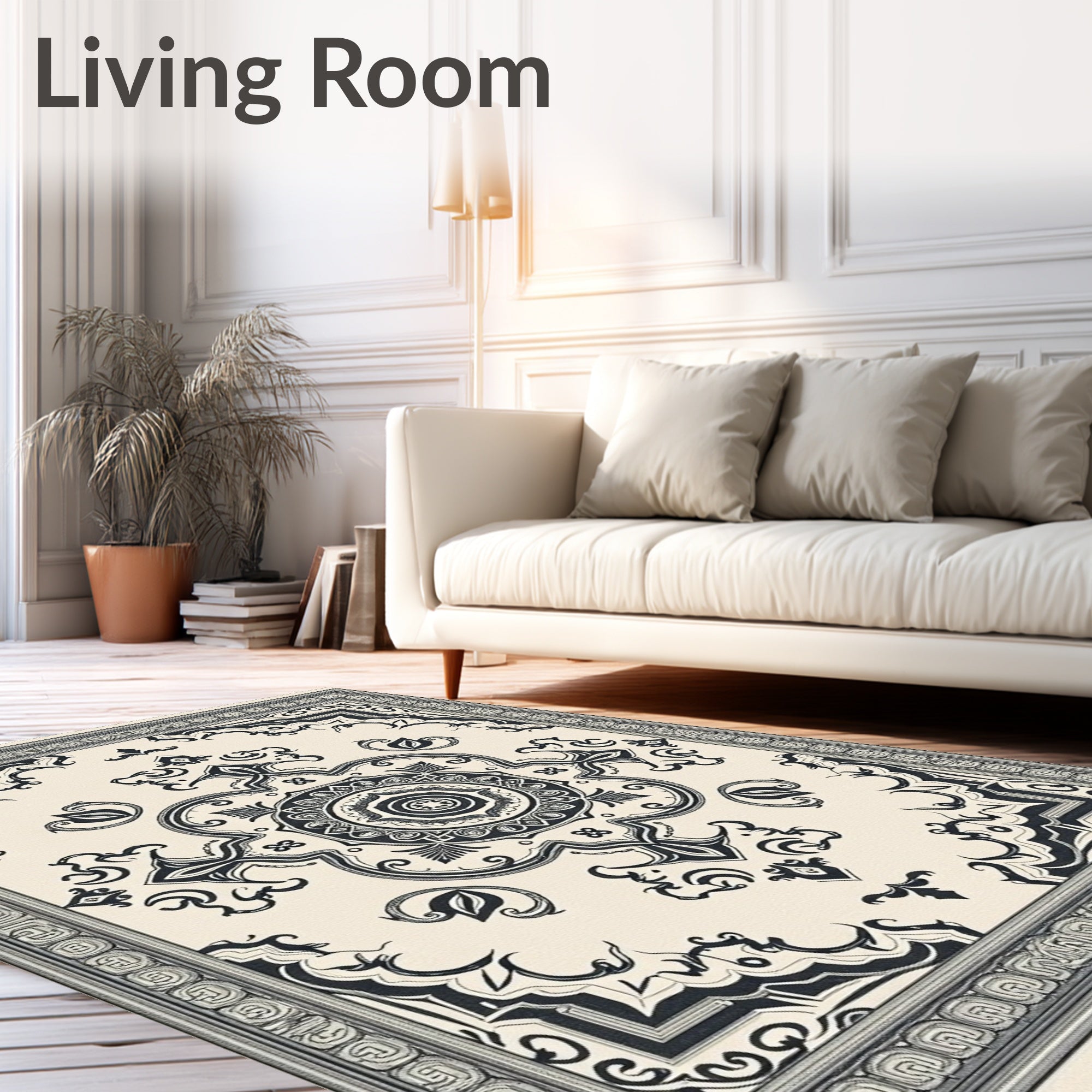Ornate Black Ivory Medallion Frame Rug
