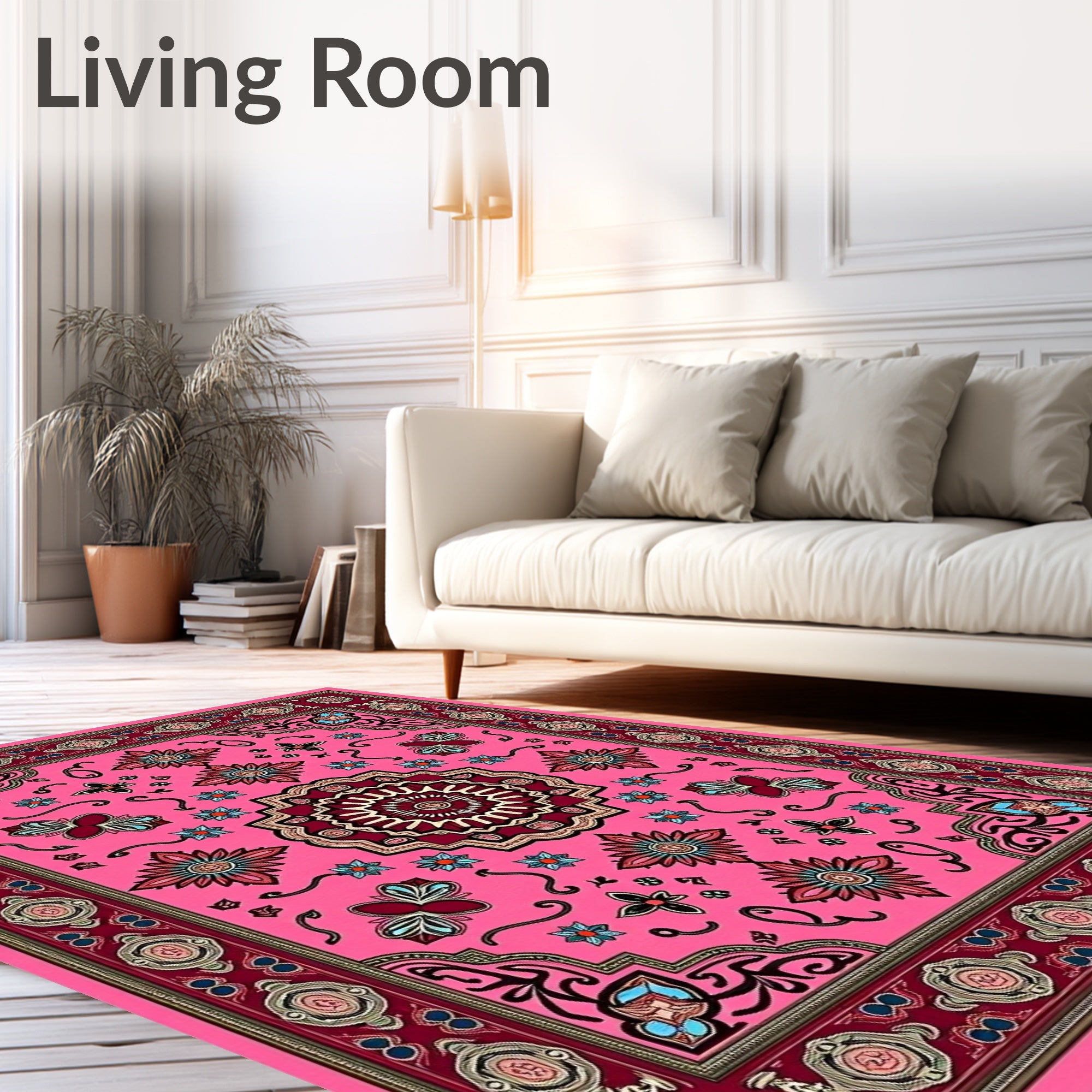 Vibrant Pink Floral Medallion Border Rug