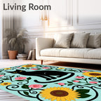 Black Cat Sunflowers Pink Roses Scrollwork Rug
