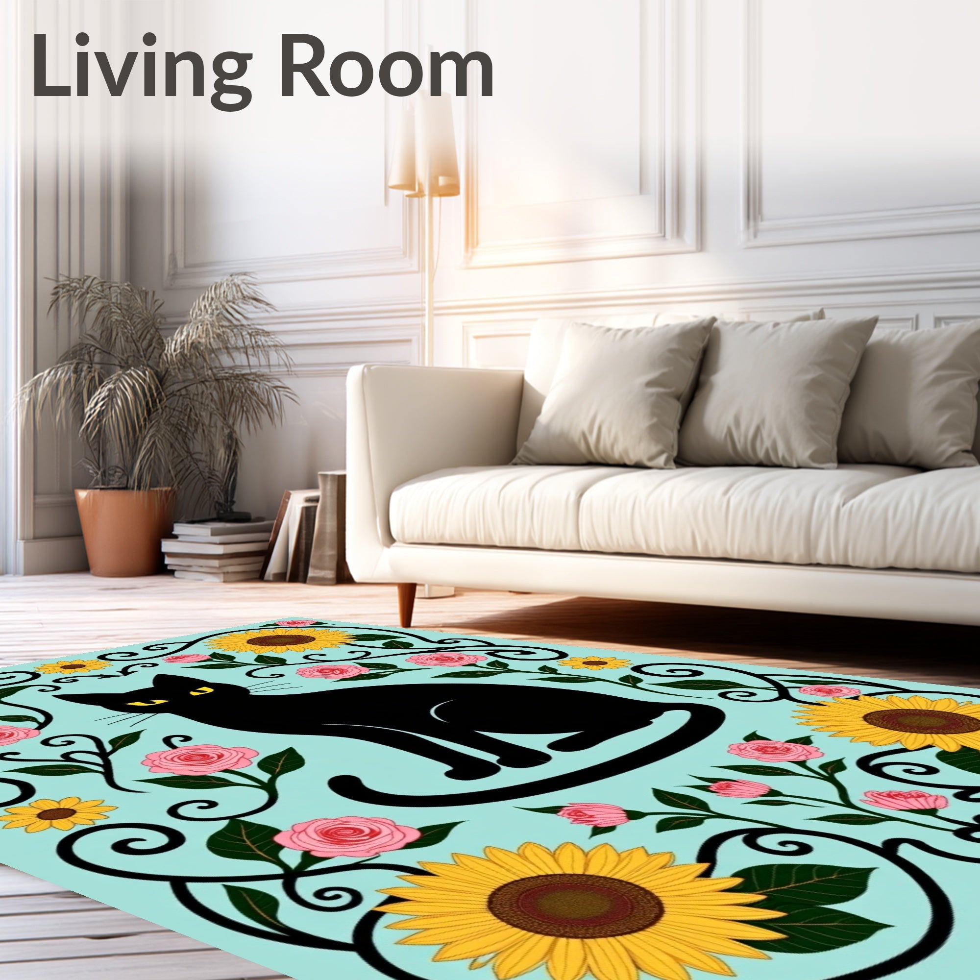 Black Cat Sunflowers Pink Roses Scrollwork Rug
