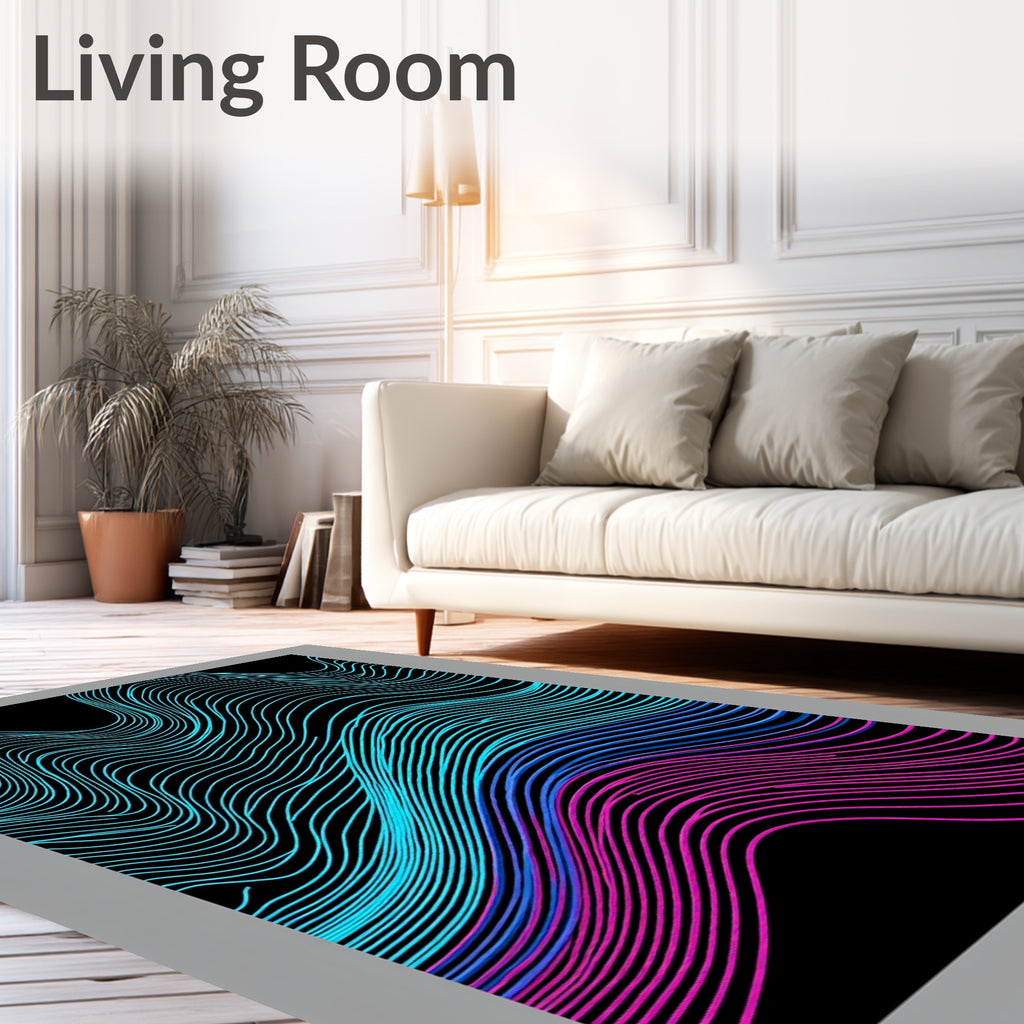 Neon Pink Blue Gradient Wave Lines Rug