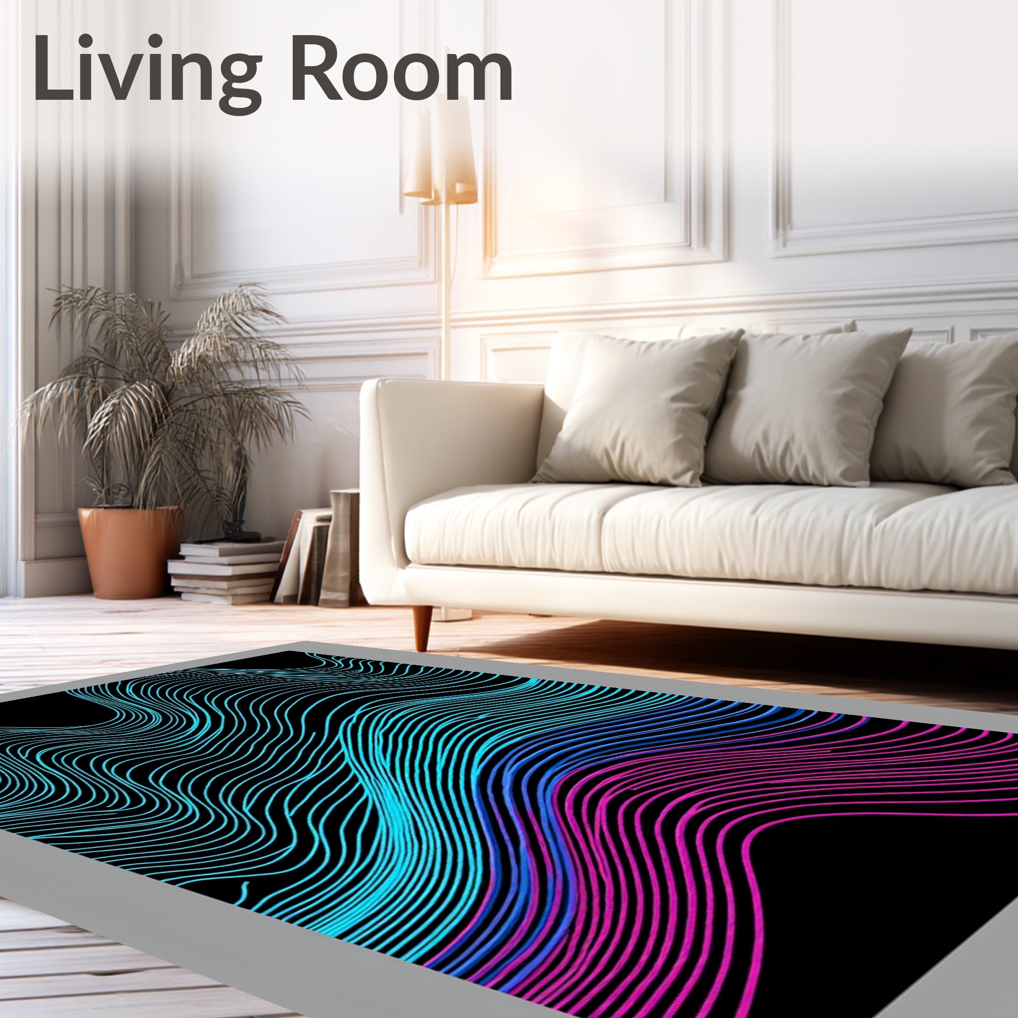 Neon Pink Blue Gradient Wave Lines Rug