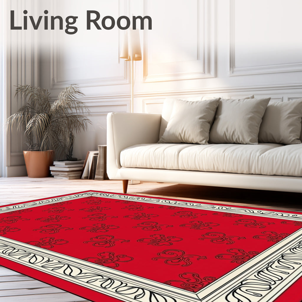 Crimson Red Scrolling Floral Border Rug