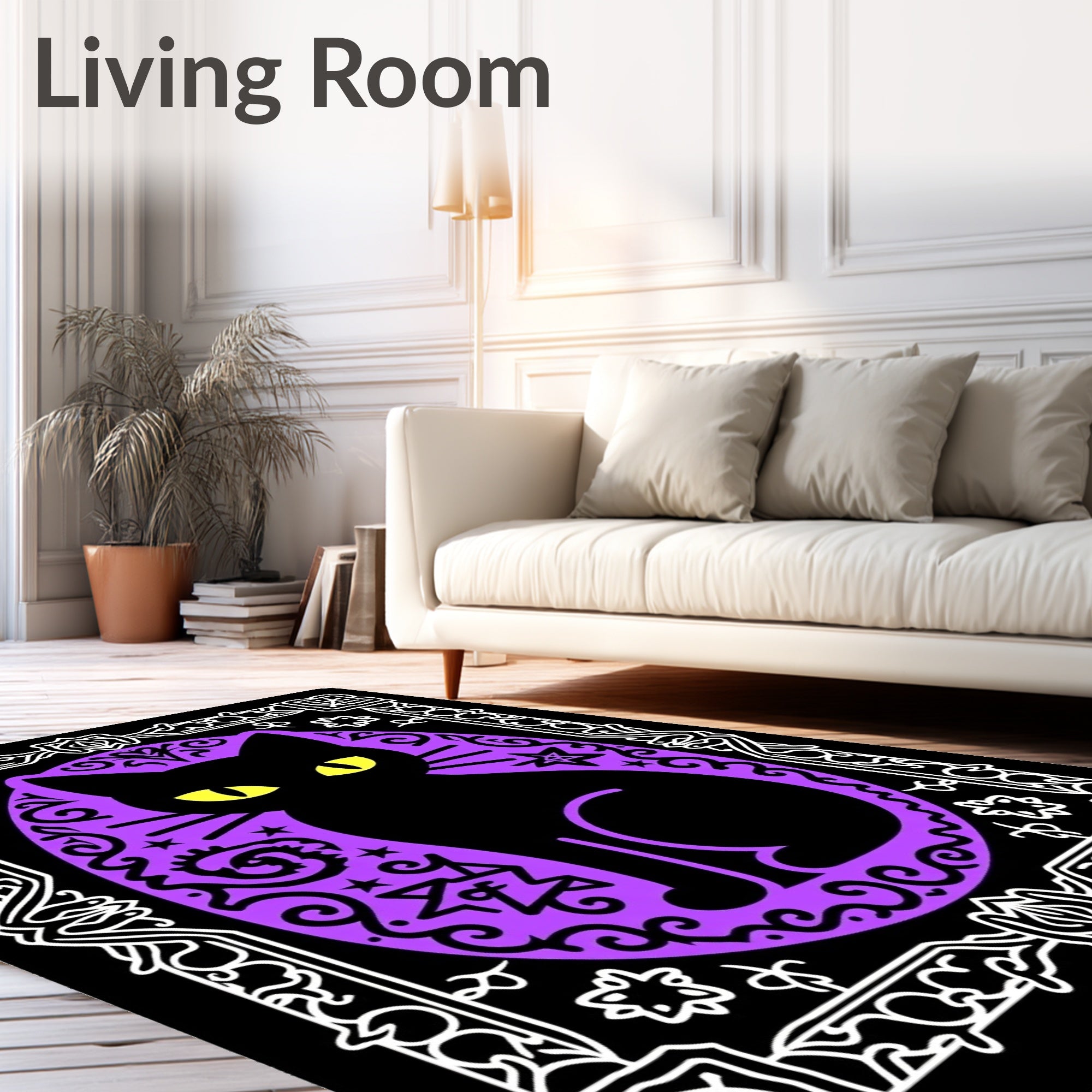 Mystical Black Cat Purple Stars Rug