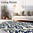 Navy Cream Damask Scrollwork Medallion Rug