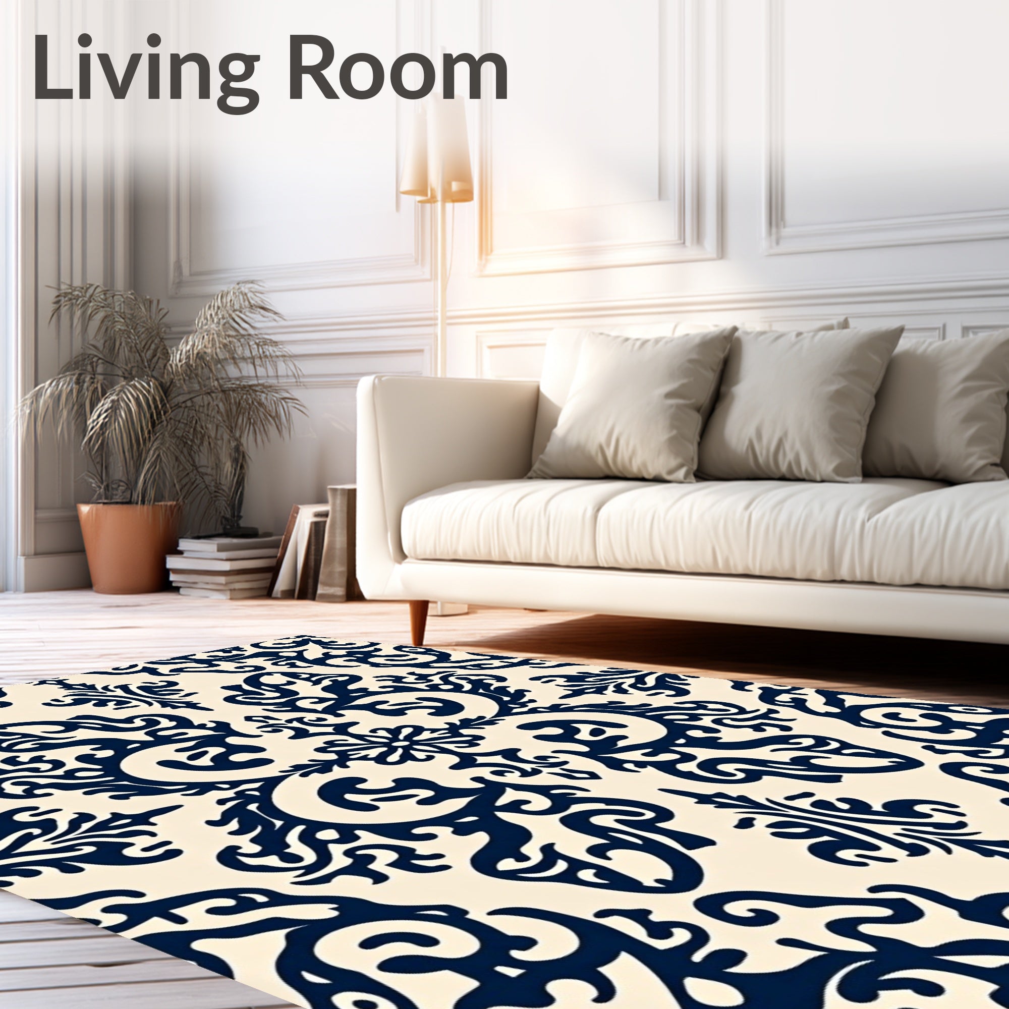 Navy Cream Damask Scrollwork Medallion Rug