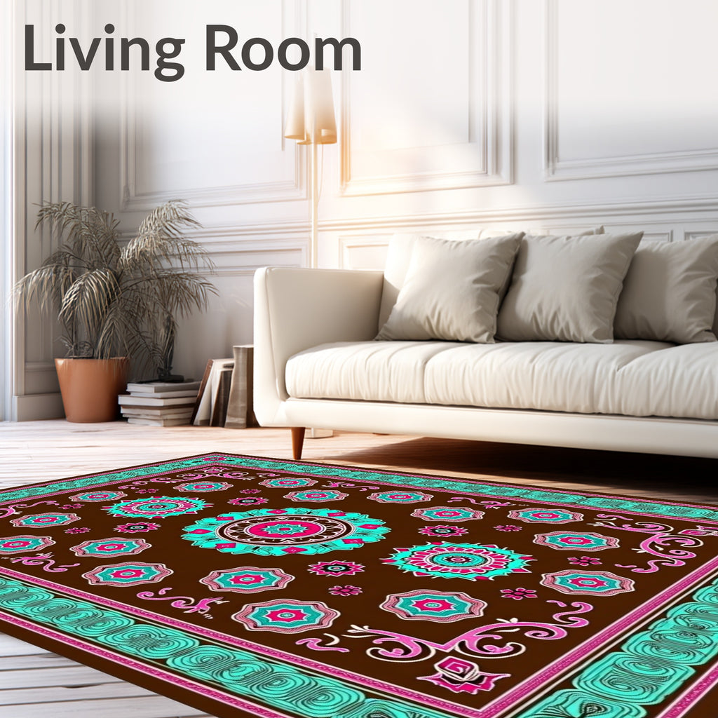 Brown Magenta Teal Floral Medallion Rug