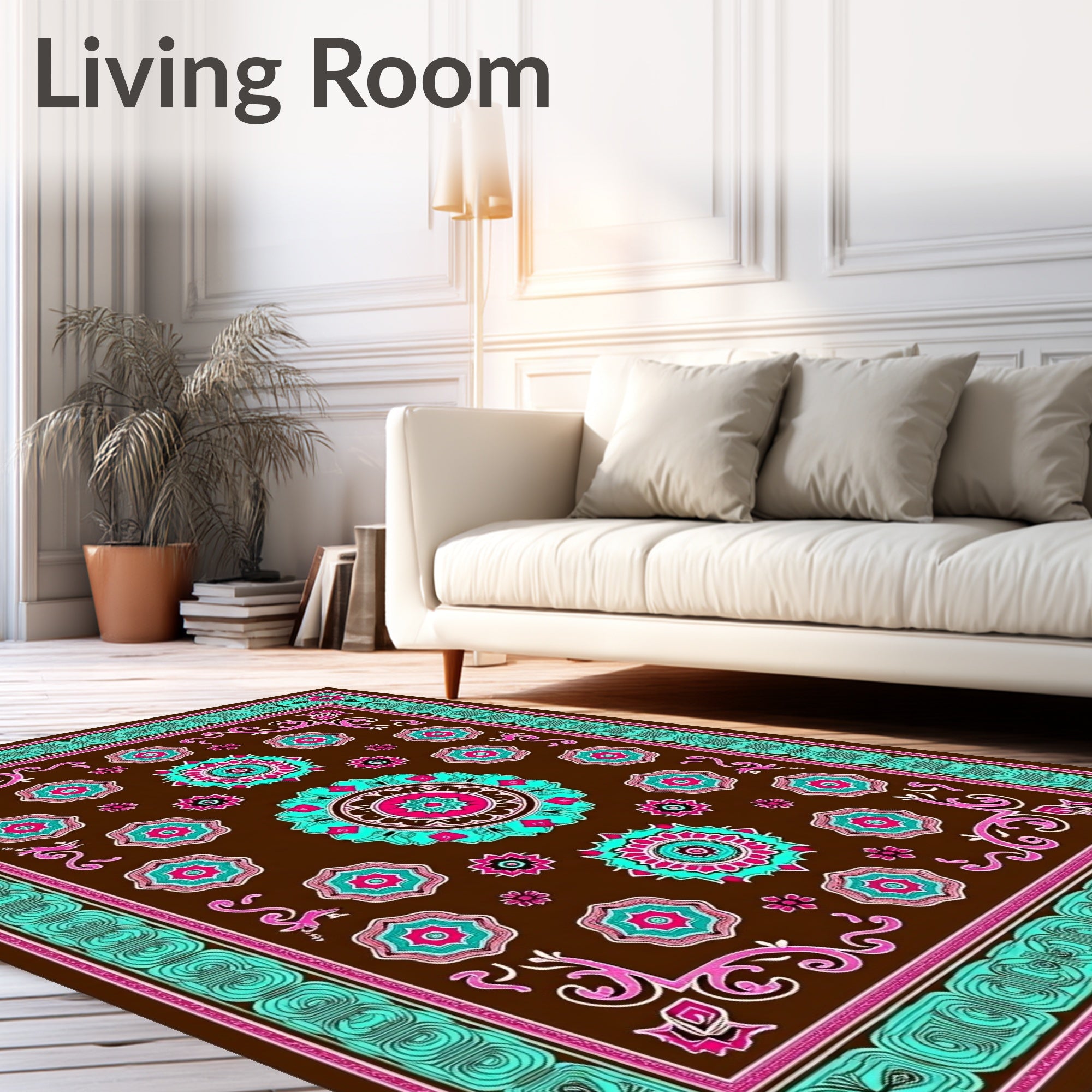 Brown Magenta Teal Floral Medallion Rug