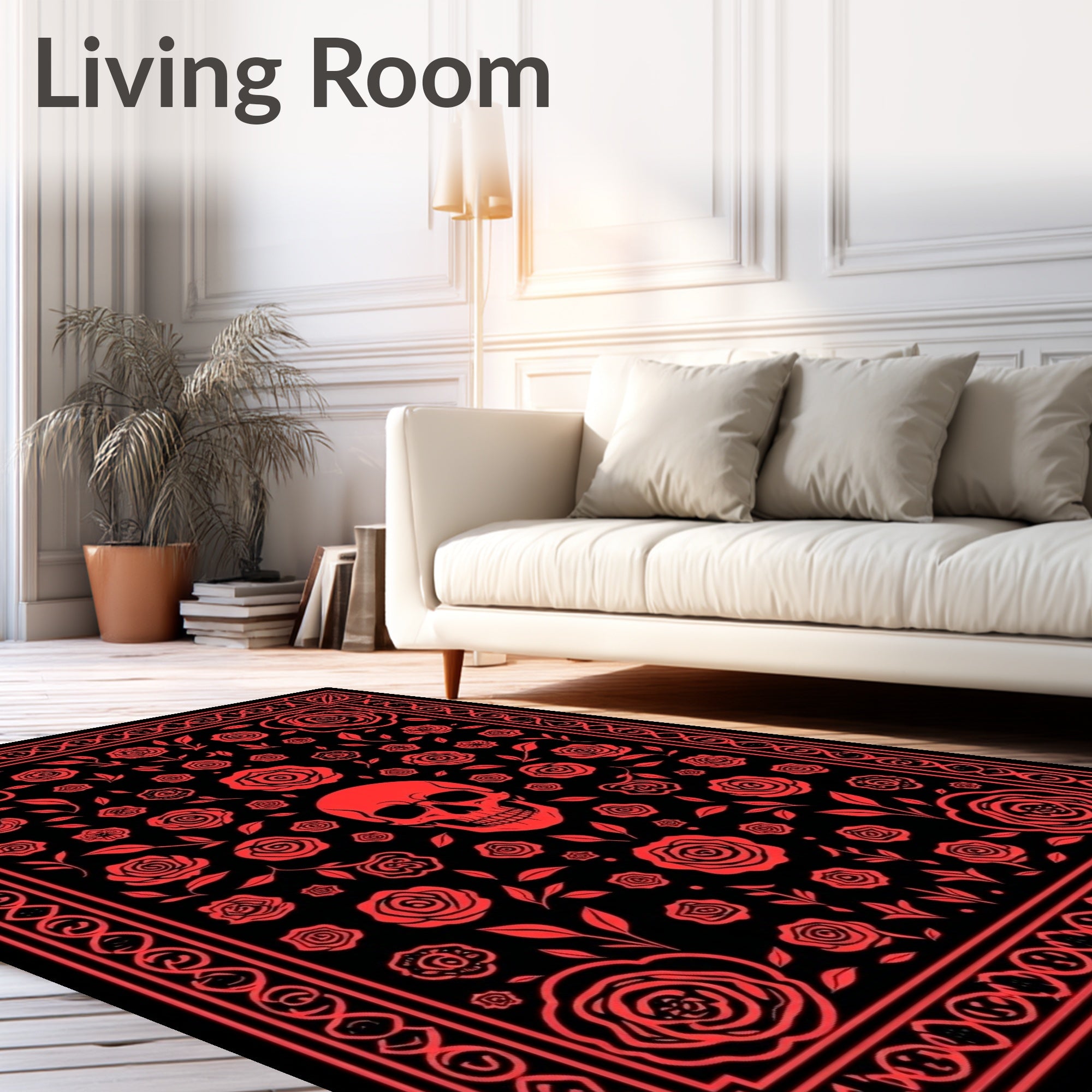 Red Skull Floral Rose Medallion Rug