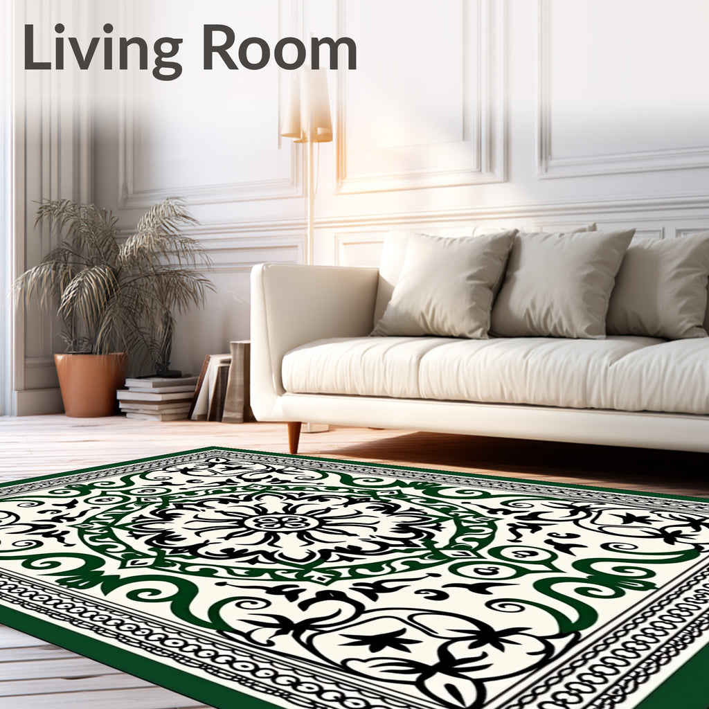 Ornate Black Green Floral Medallion Rug