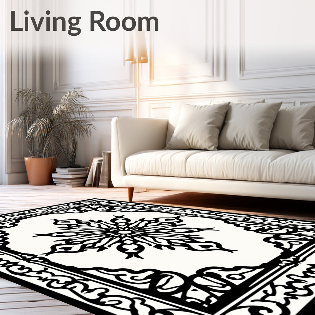 Classic Black White Medallion Frame Rug