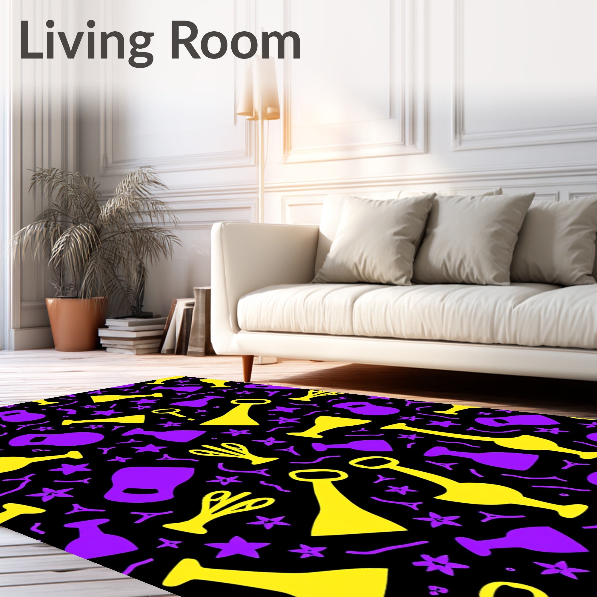 Whimsical Yellow Purple Abstract Collage Rug